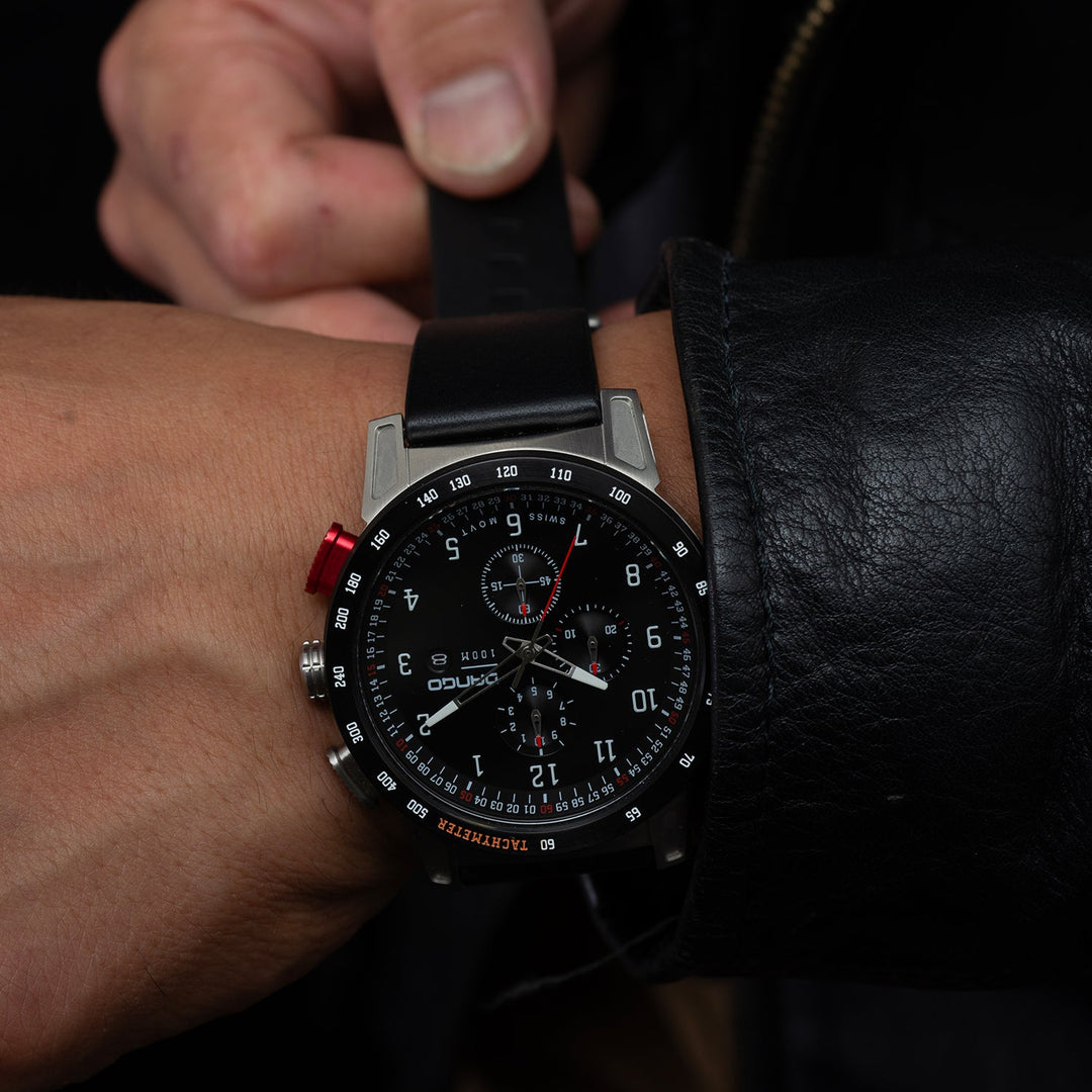 Dango: CR-01 - CHRONO WATCH WITH ITALIAN LEATHER STRAP - JET BLACK