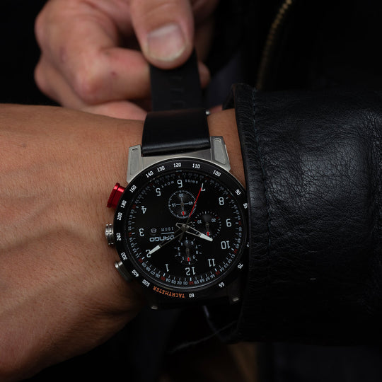 Dango: CR-01 - CHRONO WATCH WITH ITALIAN LEATHER STRAP - JET BLACK