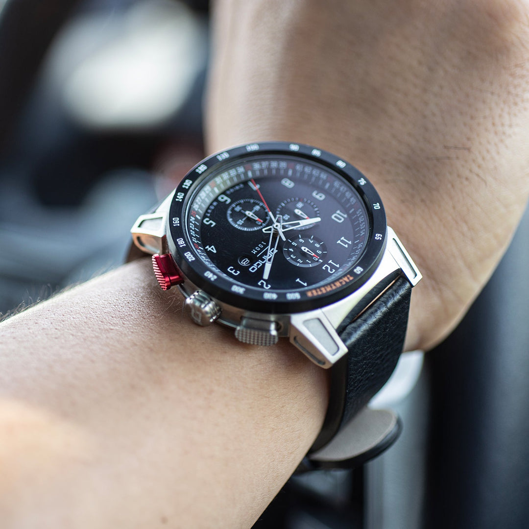 Dango: CR-01 - CHRONO WATCH WITH ITALIAN LEATHER STRAP - JET BLACK
