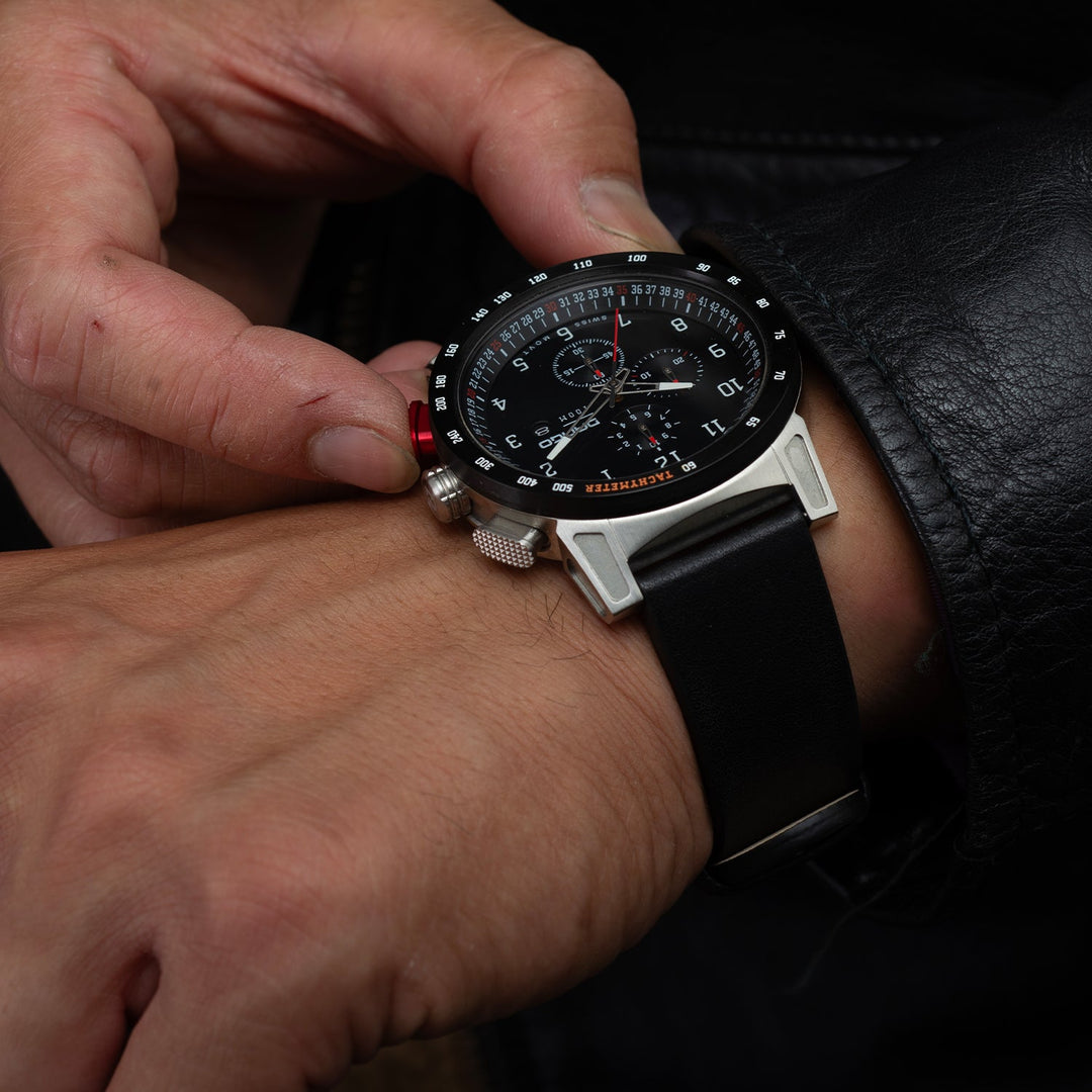 Dango: CR-01 - CHRONO WATCH WITH ITALIAN LEATHER STRAP - JET BLACK