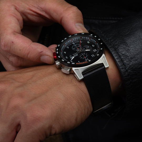 Dango: CR-01 - CHRONO WATCH WITH ITALIAN LEATHER STRAP - JET BLACK