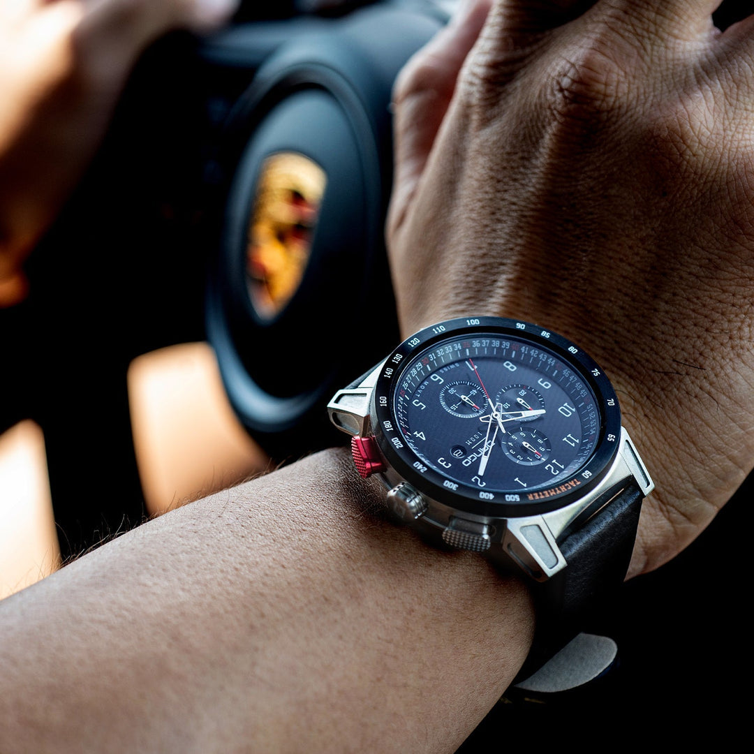 Dango: CR-01 - CHRONO WATCH WITH ITALIAN LEATHER STRAP - JET BLACK