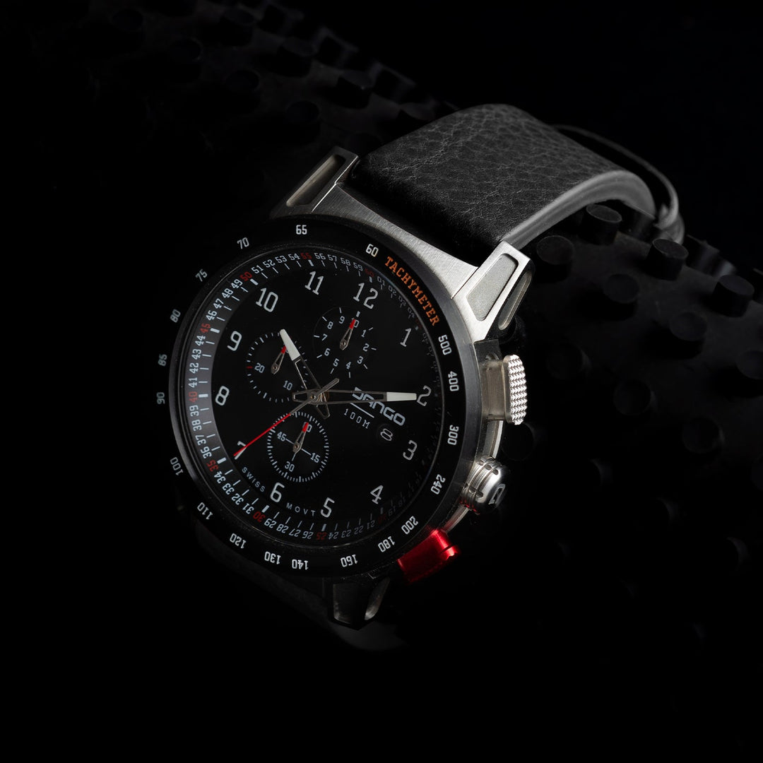 Dango: CR-01 - CHRONO WATCH WITH ITALIAN LEATHER STRAP - JET BLACK